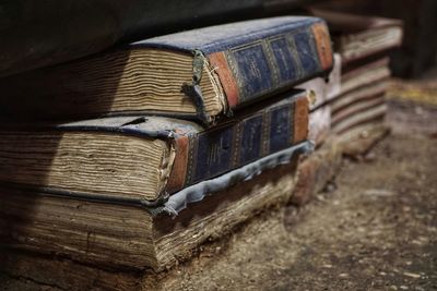 High angle view of old books