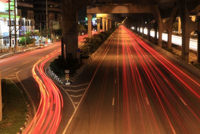 Light trails on road at night