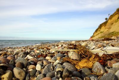 Rocks on beach against sky