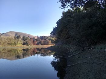 Scenic view of lake and mountains against clear blue sky