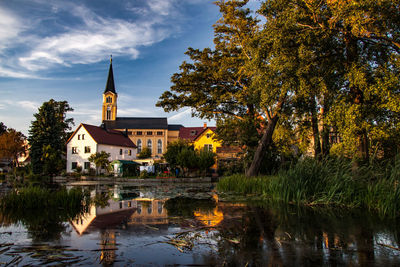 Reflection of trees and buildings on lake