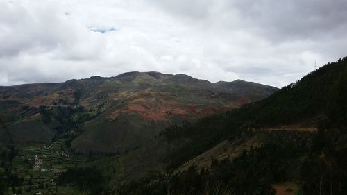 Scenic view of mountains against cloudy sky