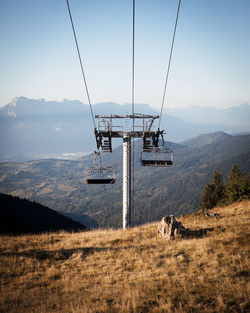 Overhead cable car against mountain range