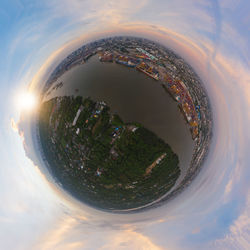 Aerial view of buildings against sky during sunset