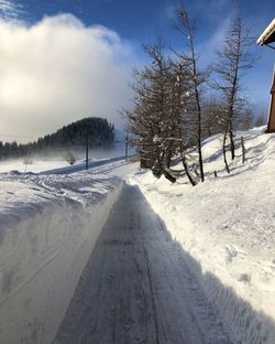 Snow covered road by trees against sky