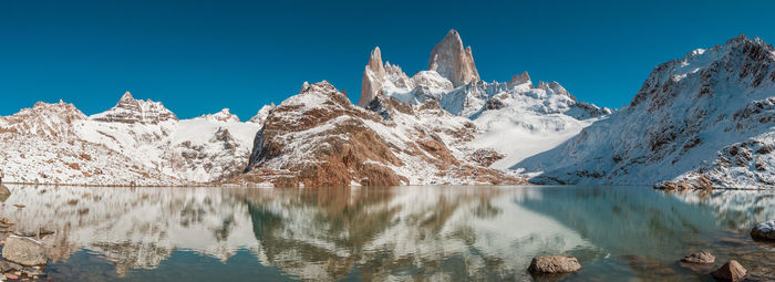 Scenic view of fitz roy against clear blue sky