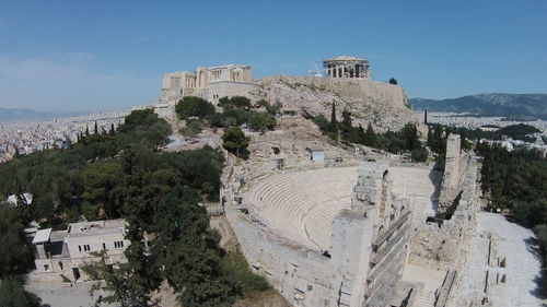 High angle of town with abandoned amphitheater in foreground