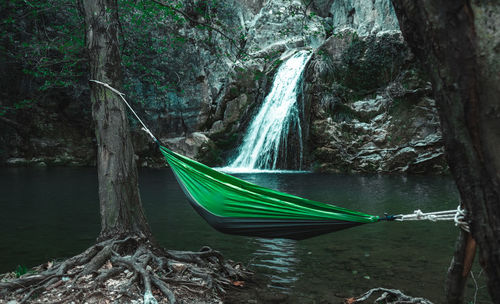 Scenic view of waterfall amidst trees in forest