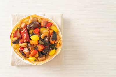 High angle view of food in bowl on table