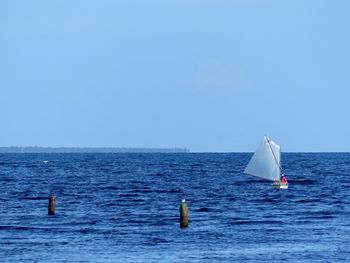 Sailboat in sea against clear sky