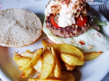 High angle view of burger in plate