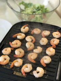 High angle view of cooked shrimps