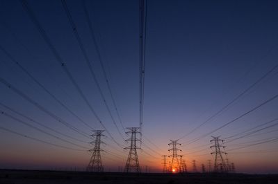 Electricity pylons against clear sky during sunset