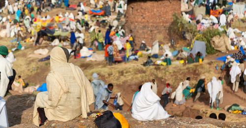 High angle view of people on land