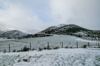 Scenic view of snow covered mountains against sky