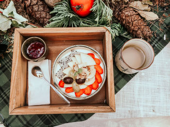 High angle view of breakfast on table