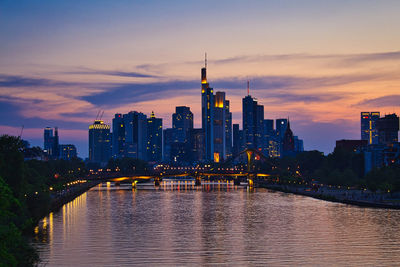 View of buildings at waterfront during sunset