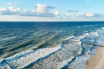 Drone view of sea coastline with sand beach