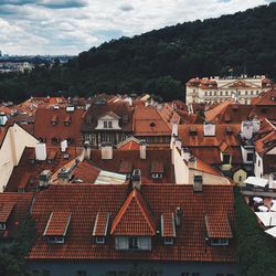 High angle view of houses against sky