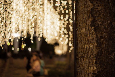 Defocused image of illuminated lights on tree at night