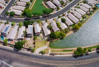 High angle view of street amidst buildings in city