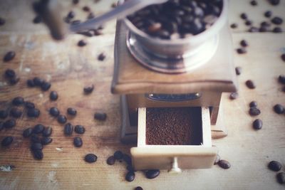 High angle view of coffee beans on table