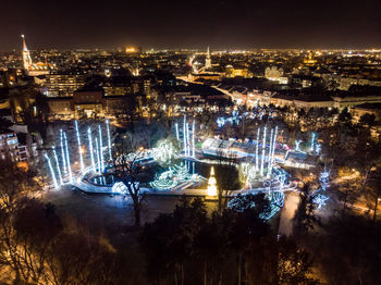 High angle view of illuminated buildings at night
