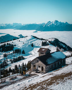 Snow covered mountains against sky