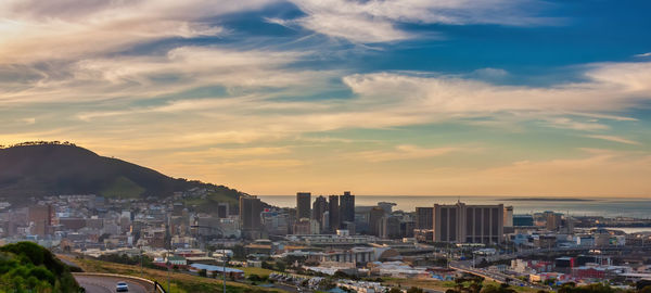 High angle view of townscape against sky during sunset