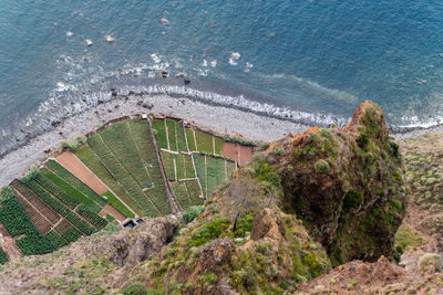 High angle view of soccer field by sea