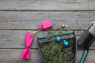 High angle view of christmas decorations on table