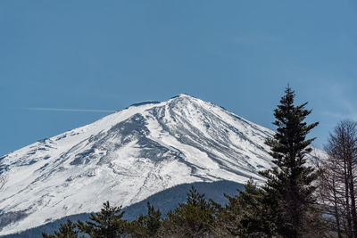 Scenic view of snowcapped mountains against clear blue sky