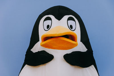 Close-up of penguin against blue background