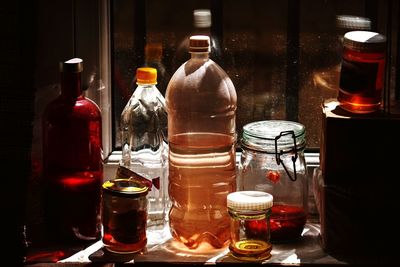 Close-up of wine bottles