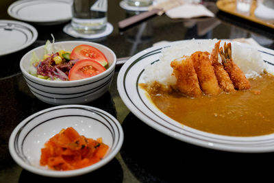 High angle view of meal served on table