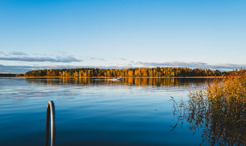 Scenic view of lake against clear blue sky