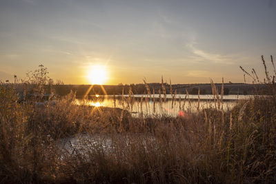 Scenic view of lake against sky during sunset