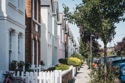 Street amidst trees and buildings against sky