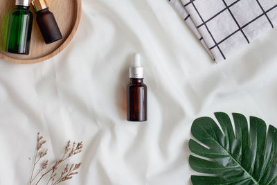 High angle view of bottle on table