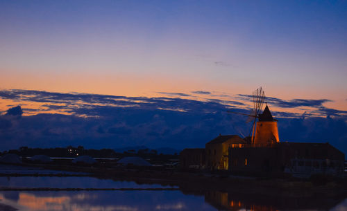 Scenic view of buildings against sky during sunset