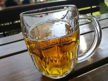 Close-up of beer in glass on table