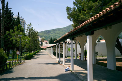 Footpath amidst trees and buildings against sky