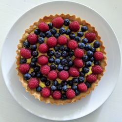 High angle view of strawberries in plate