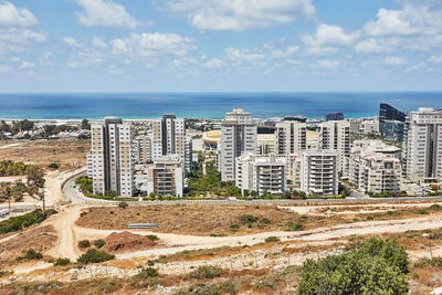 View of the naot peres district of haifa, the stadium and the sea coast