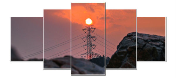 Digital composite image of illuminated lights against sky at sunset