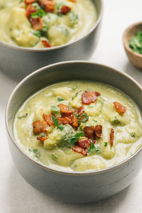 Potato and broccoli soup with bacon