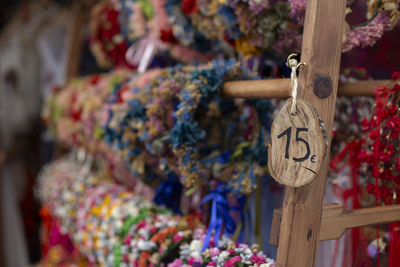 Close-up of hanging for sale in market