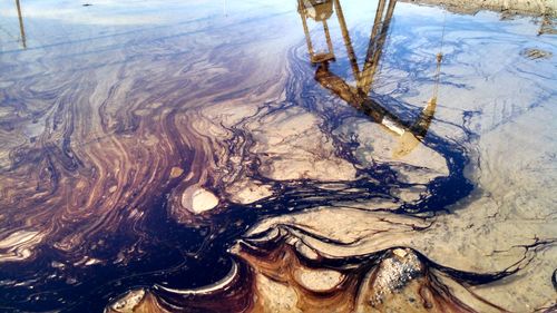 High angle view of oil spill on water
