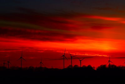 Silhouette of wind turbines during sunset