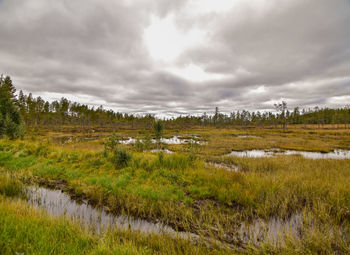 Scenic view of field against cloudy sky